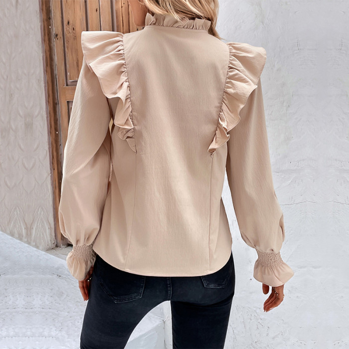 Women's New Ruffled Long Sleeve Solid Color Blouse