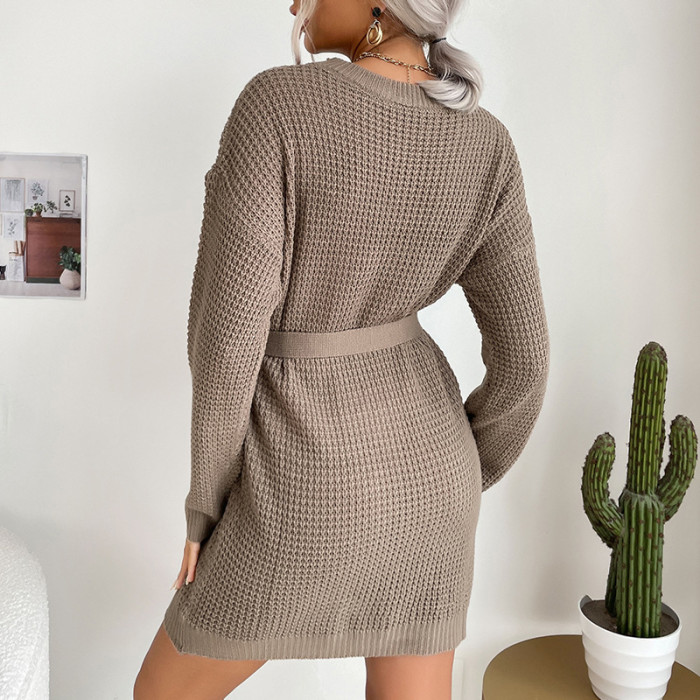 New Autumn and Winter Women's Solid Color Long Sleeve Sweater Dress