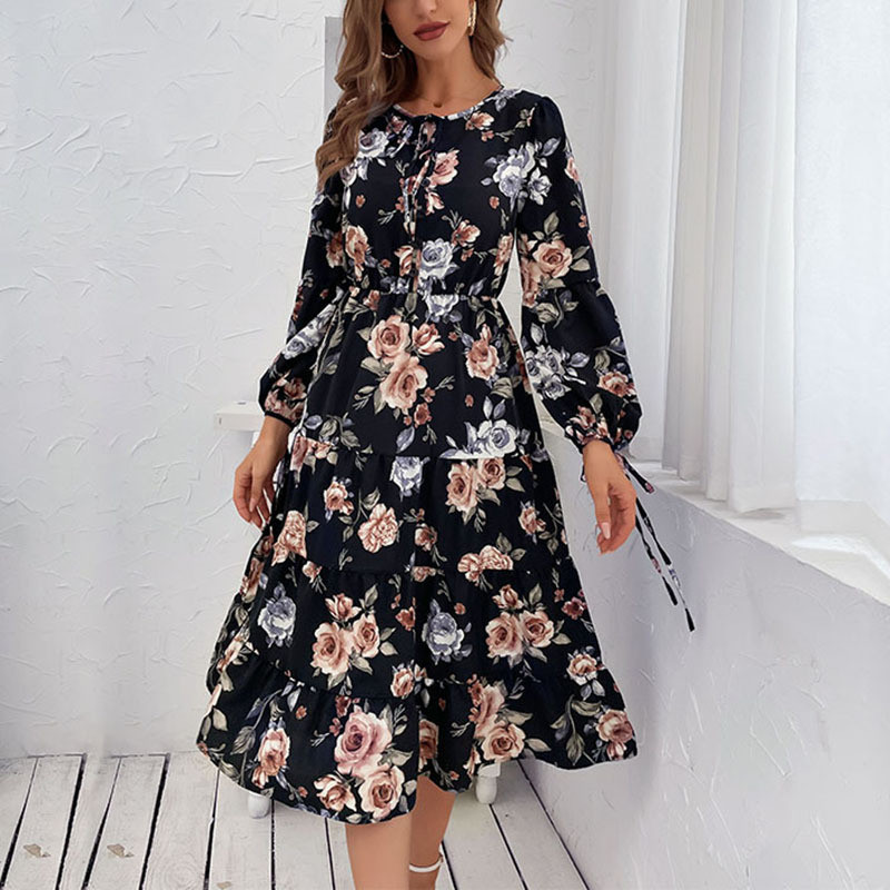 Fashionable Women's Long Sleeve Retro Floral Dress