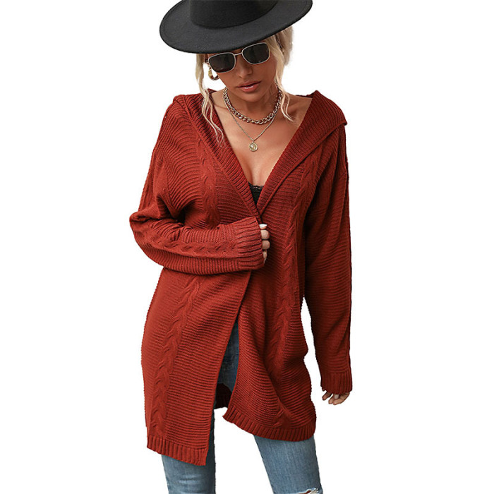 New Fashion Women's Red Long Sleeve Hooded Sweater Cardigan
