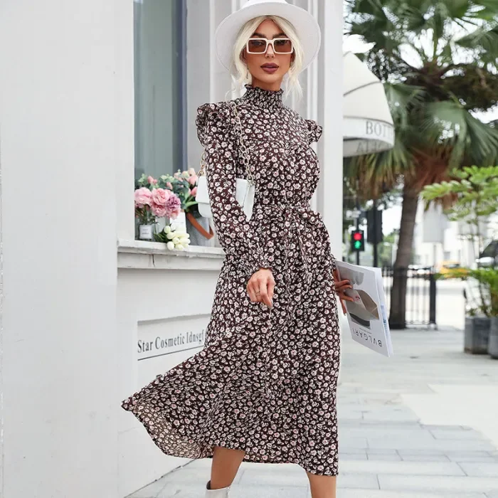 Fashionable Women's High Neck Long Sleeve Printed Midi Dress