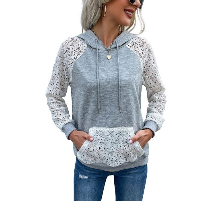 New Women's Thin Lace Spliced Pullover Hoodies