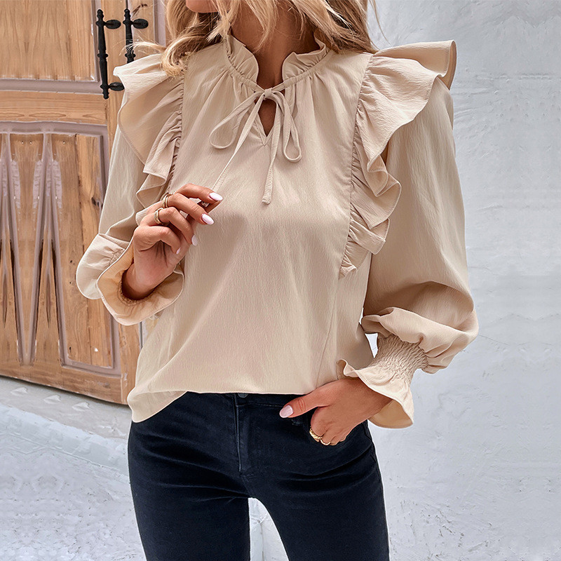 Women's New Ruffled Long Sleeve Solid Color Blouse