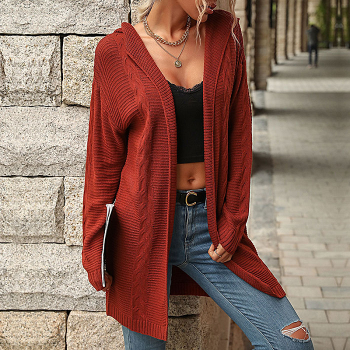 New Fashion Women's Red Long Sleeve Hooded Sweater Cardigan
