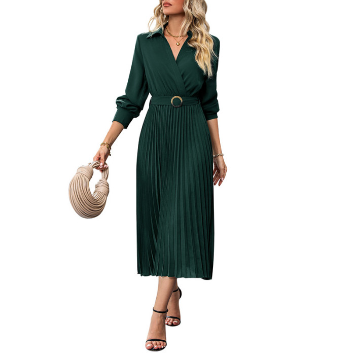 New Women's V-neck Solid Color Long Sleeve Dress