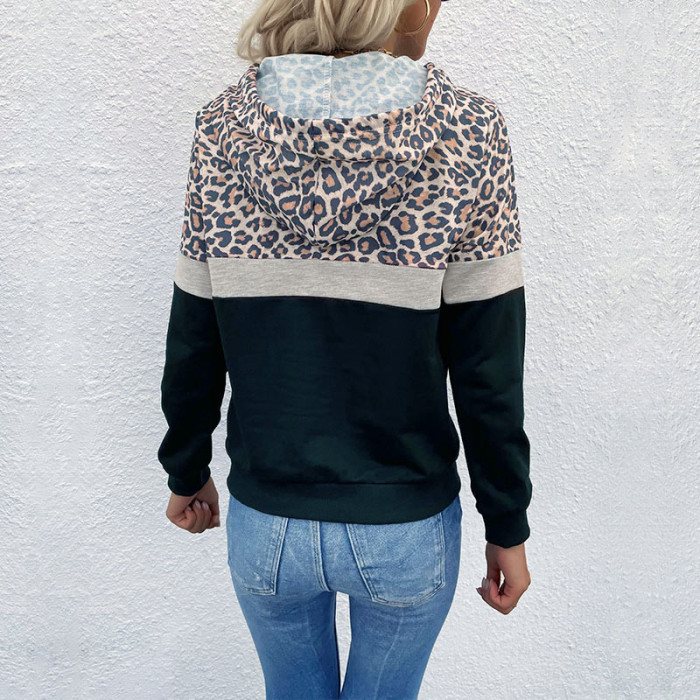 New Autumn Women's Drawstring Stitching Leopard Print Hoodies