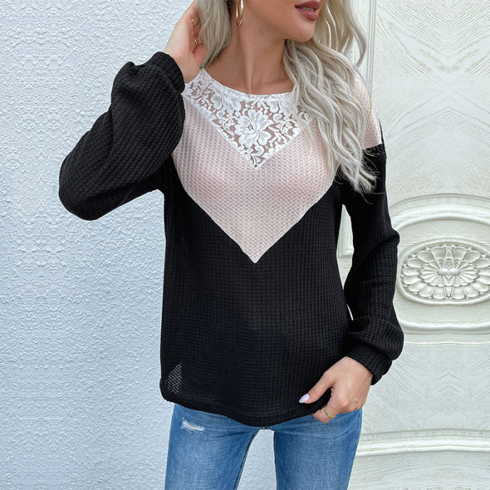 Women's Long Sleeve Color Block Lace Casual Crew Neck Sweater
