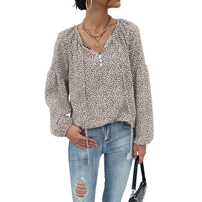 Retro Leopard Print Casual V-Neck Blouse