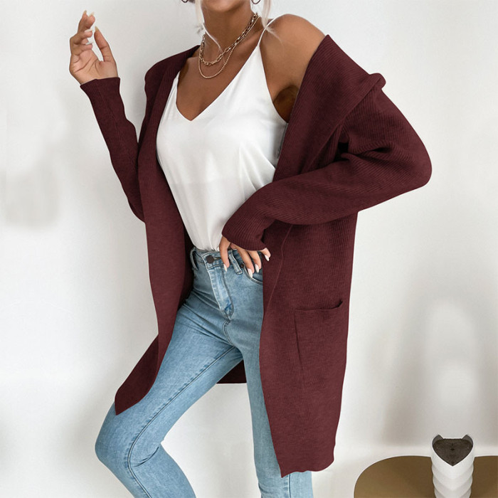 Women's Solid Color Hooded Knit Sweater Cardigan