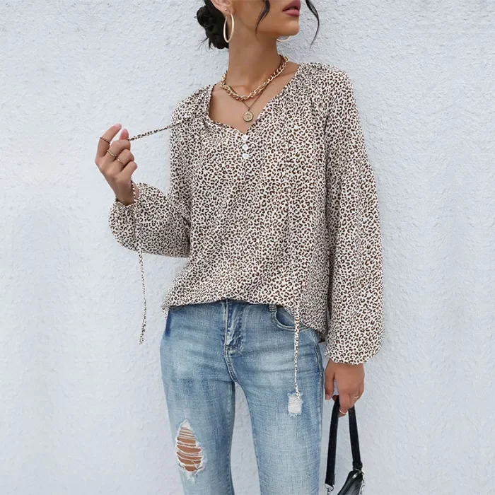 Retro Leopard Print Casual V-Neck Blouse