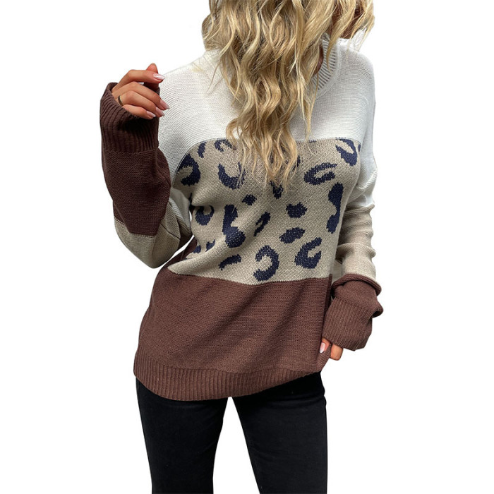 New Fashion Casual Women's Long Sleeve Leopard Print Contrast Sweater