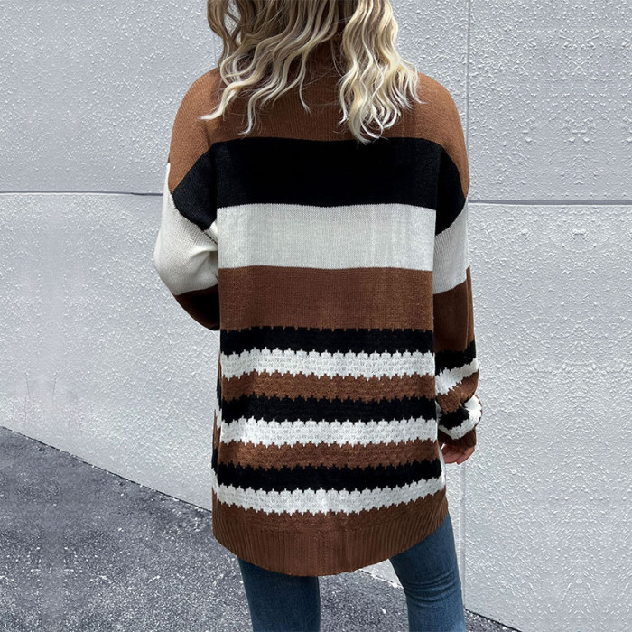 New Casual Fashion Color Block Long Sleeve Sweater Cardigan