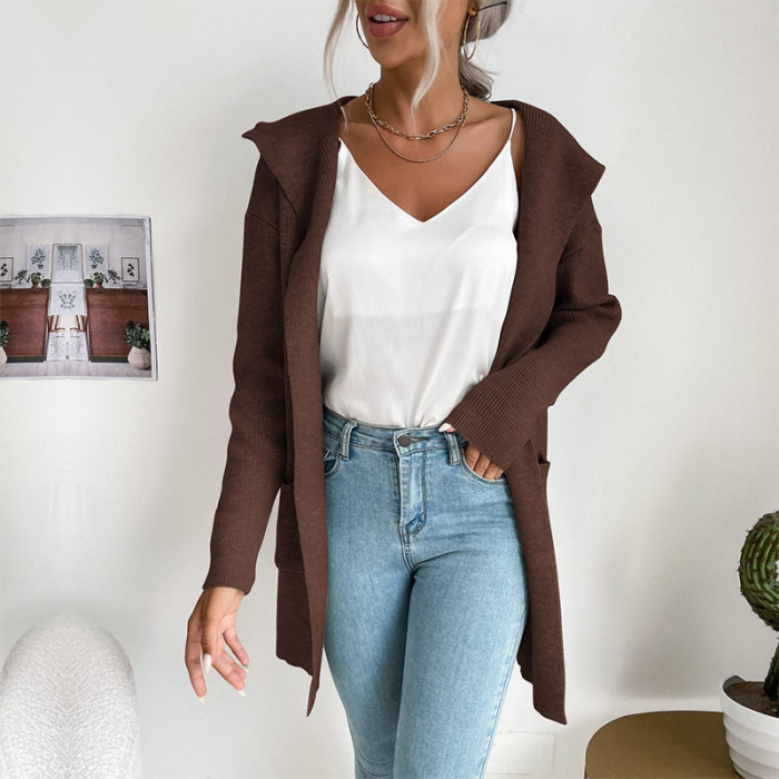 Women's Solid Color Hooded Knit Sweater Cardigan