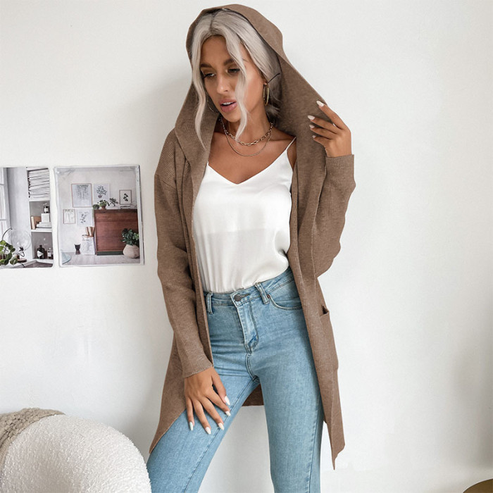 Women's Solid Color Hooded Knit Sweater Cardigan