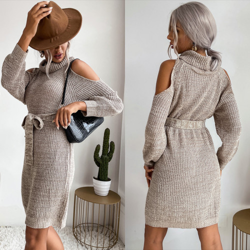 New Women's Solid Color Strappy Knitted Hollow Off-Shoulder Turtleneck Sweater Dress
