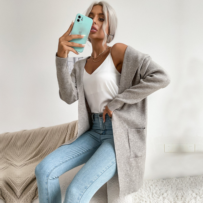Women's Solid Color Hooded Knit Sweater Cardigan