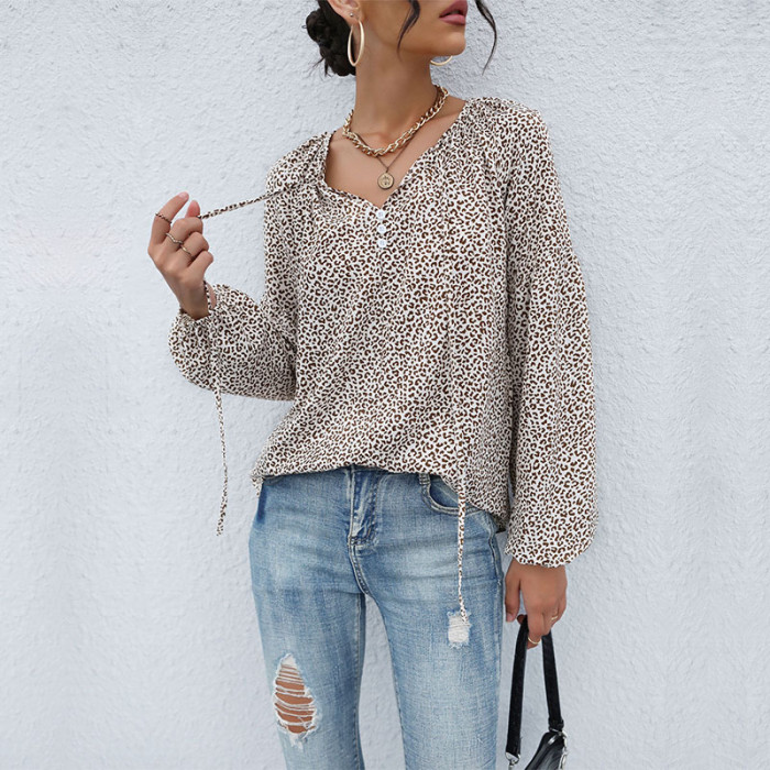 Retro Leopard Print Casual V-Neck Blouse