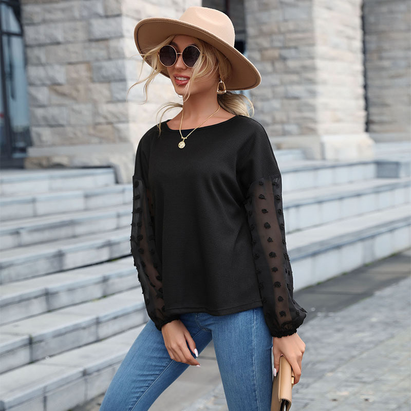 New Women's Solid Color Black Lace Splicing Sweater