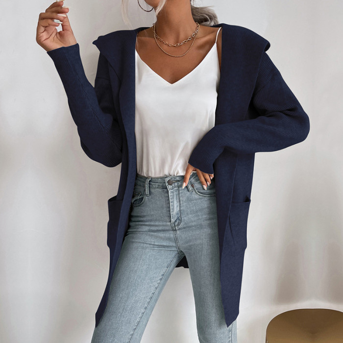 Women's Solid Color Hooded Knit Sweater Cardigan