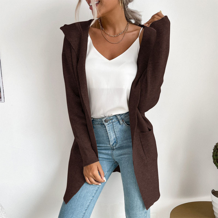 Women's Solid Color Hooded Knit Sweater Cardigan