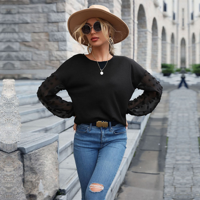 New Women's Solid Color Black Lace Splicing Sweater