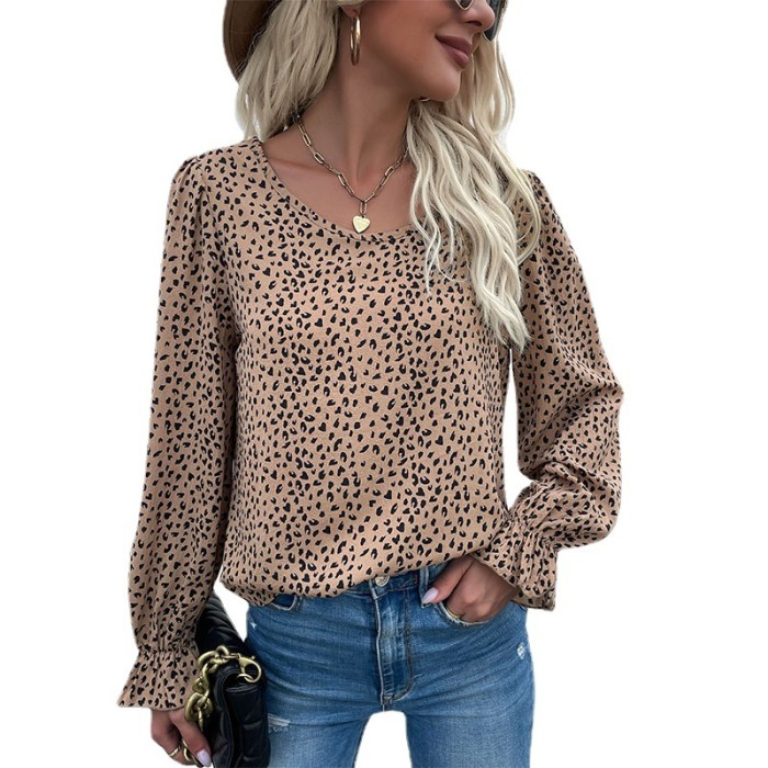 Round Neck Puff Sleeve Blouse Leopard main image 0