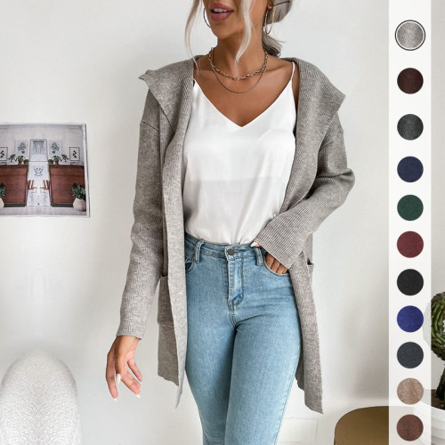 Women's Solid Color Hooded Knit Sweater Cardigan