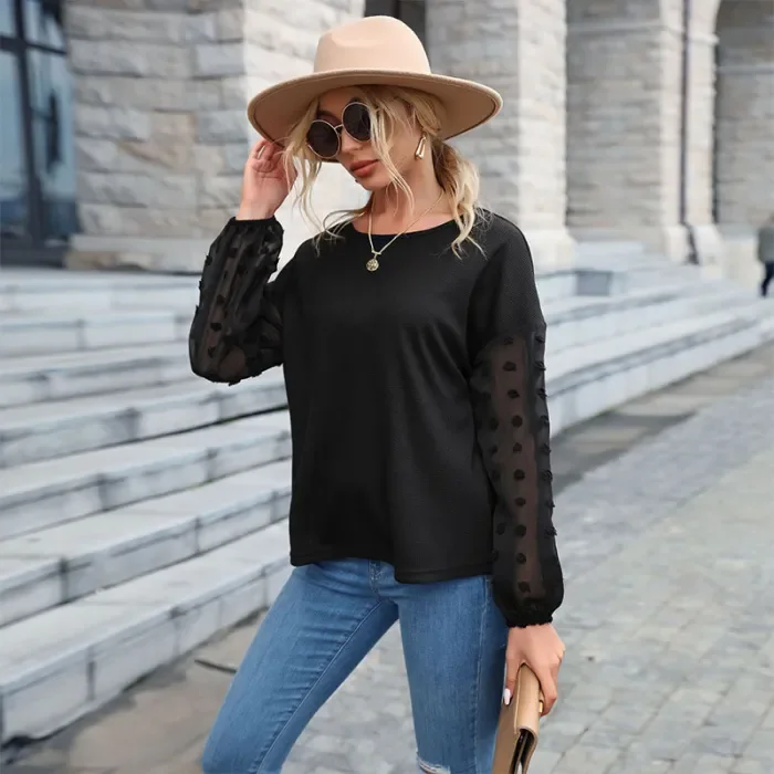 New Women's Solid Color Black Lace Splicing Sweater