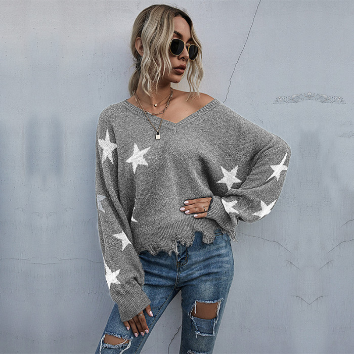Women's Star Pattern V Neck Knitted Sweater