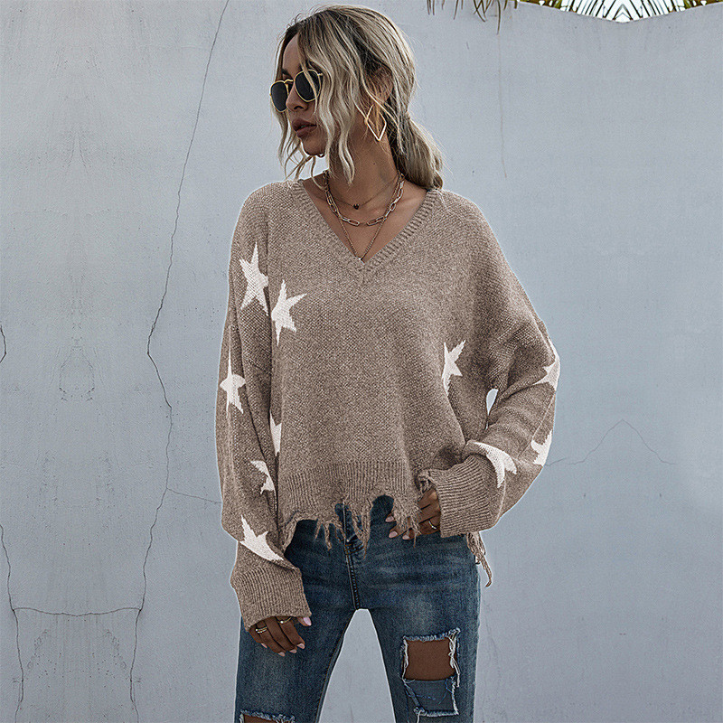 Women's Star Pattern V Neck Knitted Sweater