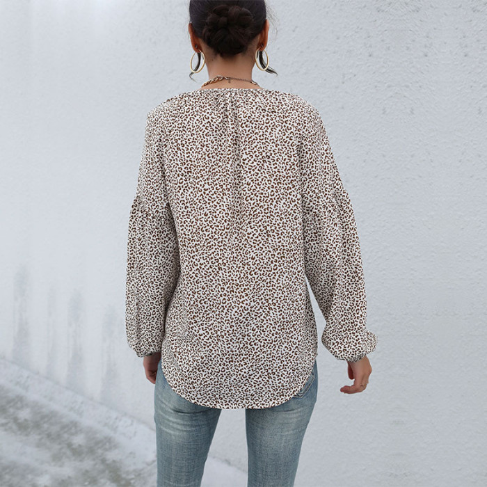 Retro Leopard Print Casual V-Neck Blouse