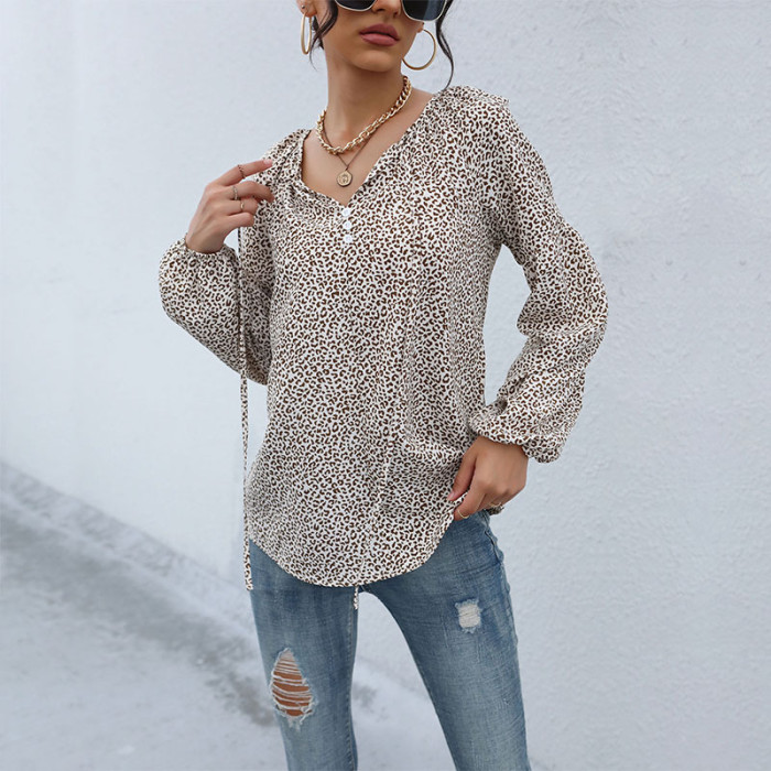 Retro Leopard Print Casual V-Neck Blouse