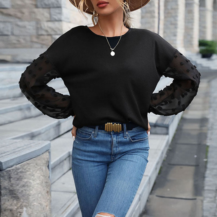 New Women's Solid Color Black Lace Splicing Sweater