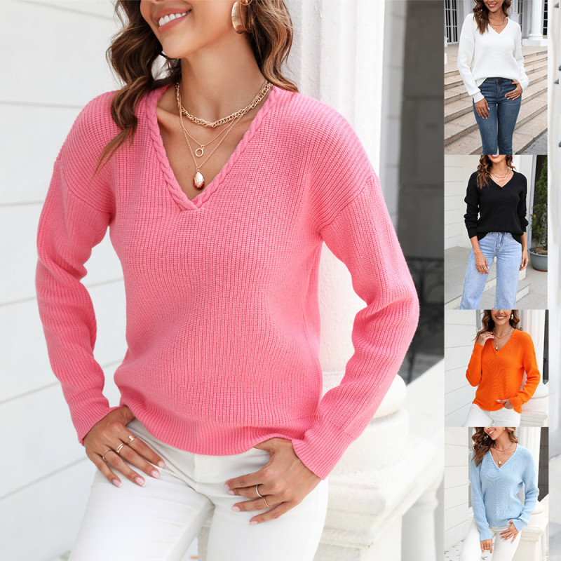 Women's V-neck Fashion Casual Solid Color Pullover Sweater