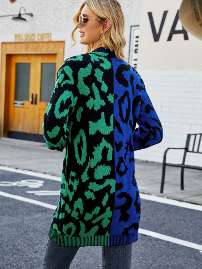 New Leopard Splice Knitted Streetwear Clothing Oversized Sweater Cardigan