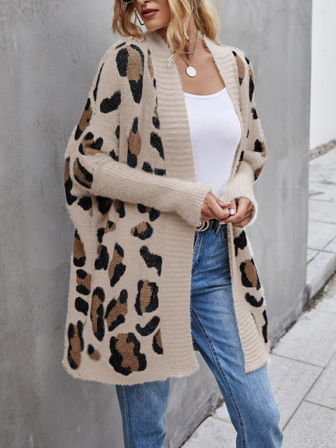 Women's Leopard Print Long Sleeve Knitted Sweater Knitted Top Fashion Cardigan
