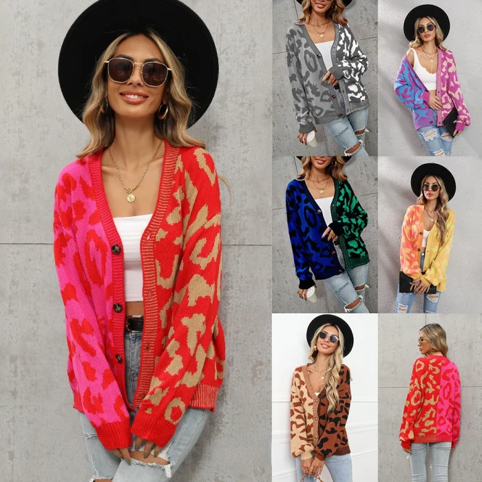 Women's Leopard Print Patchwork Knit Cardigan