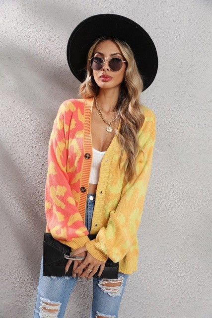 Women's Leopard Print Patchwork Knit Cardigan