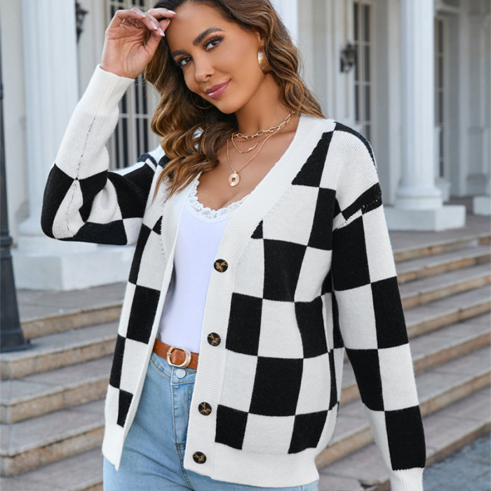 Women's New Checkered Knitted Cardigan