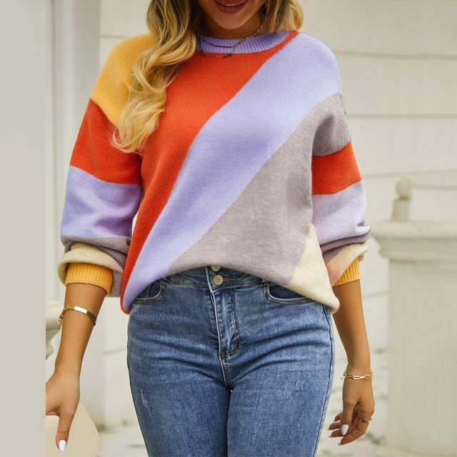 Women Long Sleeve Striped Color Knit Sweater