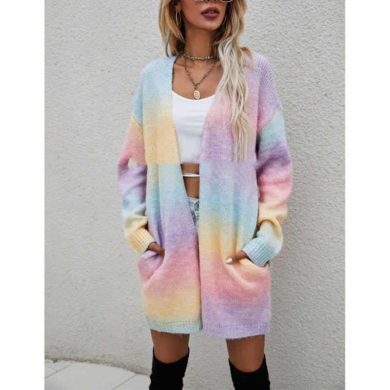 New Women's Fashionable Rainbow Long Sleeve Loose Casual Cardigan