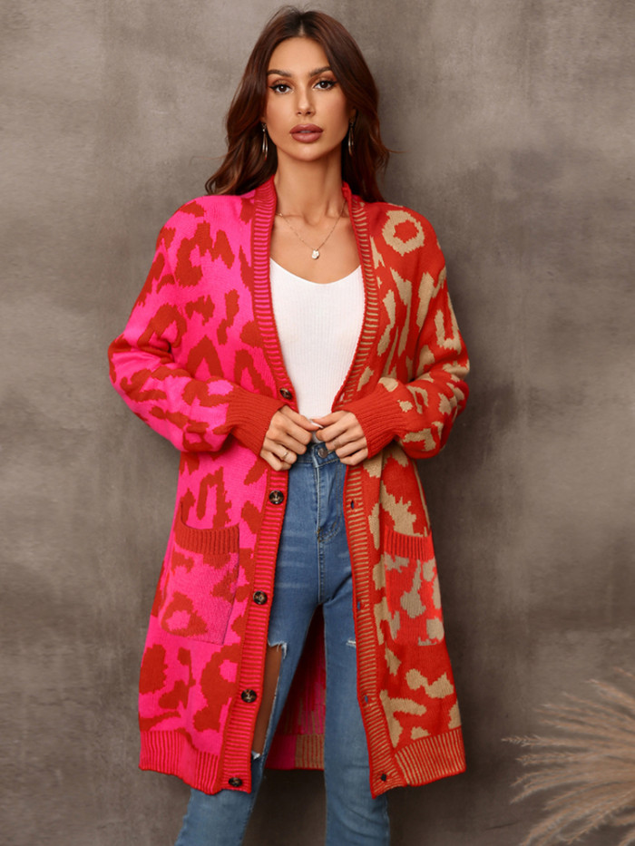 New Leopard Splice Knitted Streetwear Clothing Oversized Sweater Cardigan