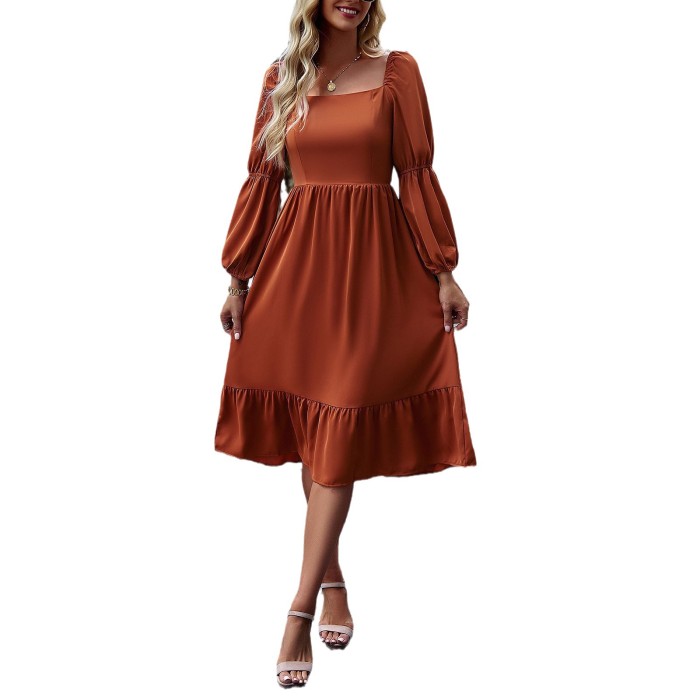 Women's Solid Color Square Neck Long Sleeve Dress