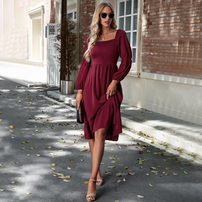 Women's Solid Color Square Neck Long Sleeve Dress