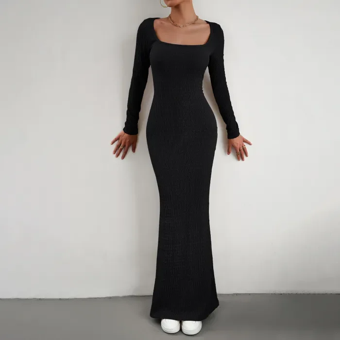 Women's Sexy Slim Fit Square Neck Long Sleeve Knitted Dress