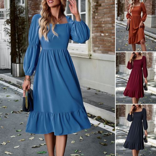 Women's Solid Color Square Neck Long Sleeve Dress