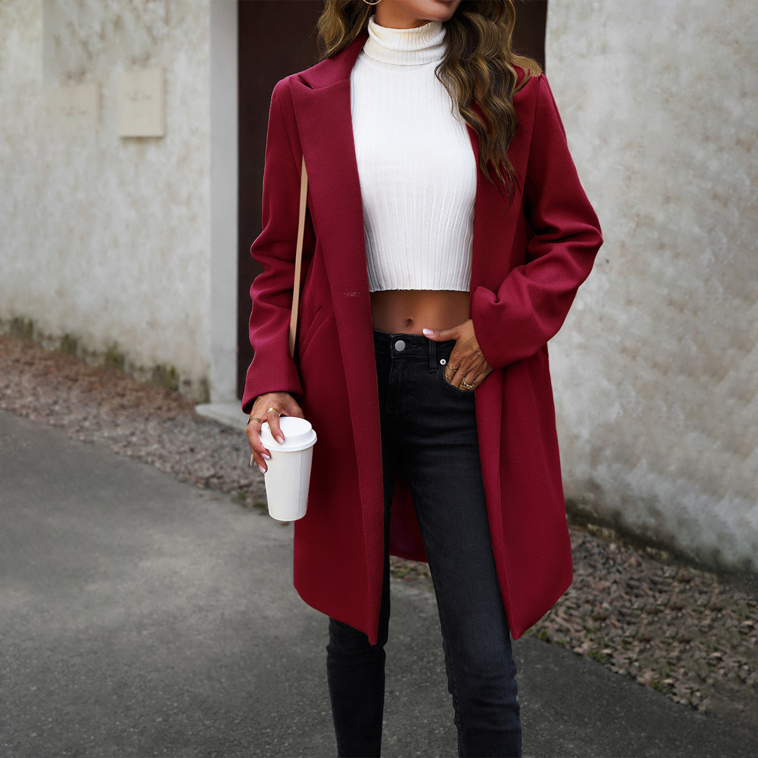 Autumn Winter New Fashion Men Solid Color Woolen Coat Keep Warm Pocket Lapel Long Sleeve Temperament Single Breasted