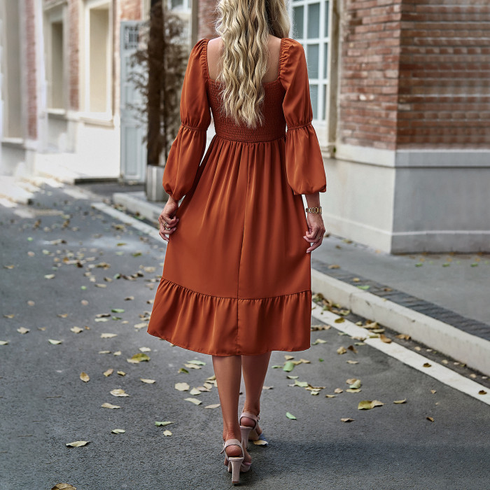 Women's Solid Color Square Neck Long Sleeve Dress