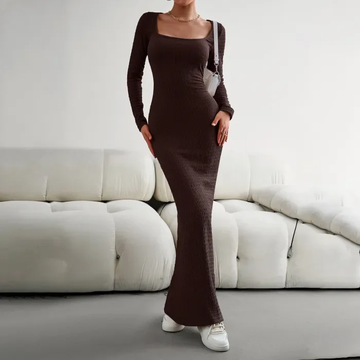 Women's Sexy Slim Fit Square Neck Long Sleeve Knitted Dress