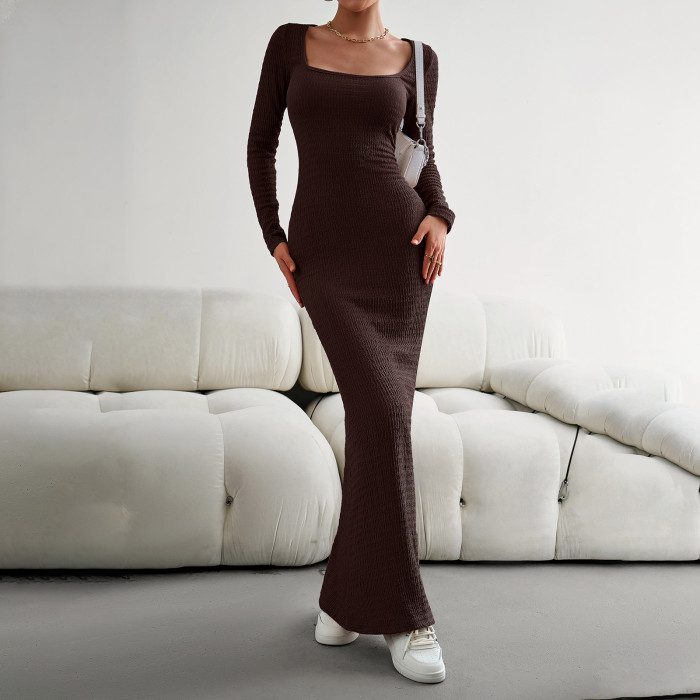 Women's Sexy Slim Fit Square Neck Long Sleeve Knitted Dress